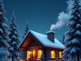 A rustic, wooden cabin sits nestled amongst snow-covered pine trees. preview picture