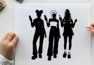 Three women silhouette holding cell phones in black and white