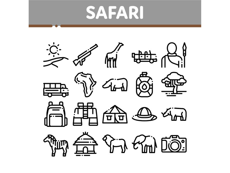 Safari Travel Collection Elements Icons Set Vector