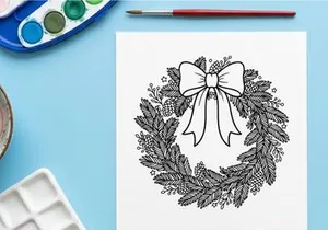 Christmas wreath line art illustration with pine branches and a decorative ribbon bow