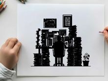 Silhouette of a person standing in front of stacked books