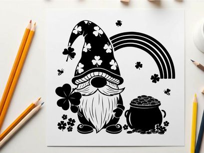 St patrick's day gnome silhouette with rainbow and clover