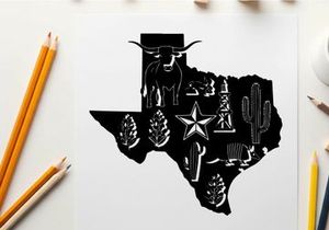 Texas silhouette with various iconic symbols and a star
