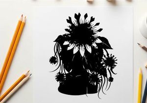 Silhouette of sunflowers in a vase on white background
