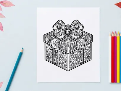 Caja de regalo navideña con ilustración de patrones florales ornamentales y un gran lazo decorativo