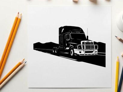 Silhouette of a semi truck on a highway with mountains