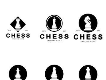 Chess strategy game logo with horse, king, pawn, minister and rook. Logo for chess tournament, chess team, chess championship, chess game application. preview picture