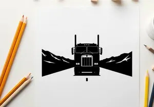 Semi truck silhouette facing forward on open road with mountains