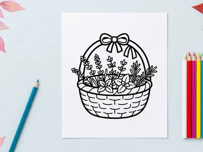 Basket of fresh herbs coloring page. Outline drawing of aromatic plants in a woven basket.