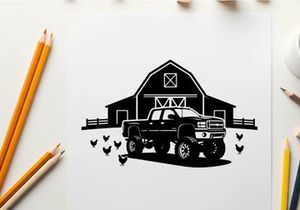 Silhouette of a pickup truck in front of a barn with chickens