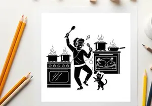 Silhouette of a joyful chef dancing with dog in kitchen