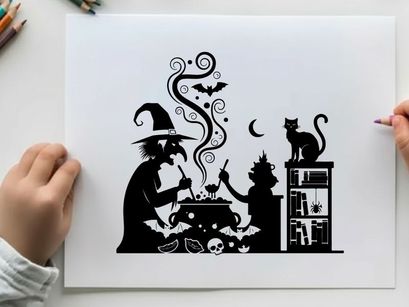 Silhouette of witch and child with cat brewing potion in spooky atmosphere