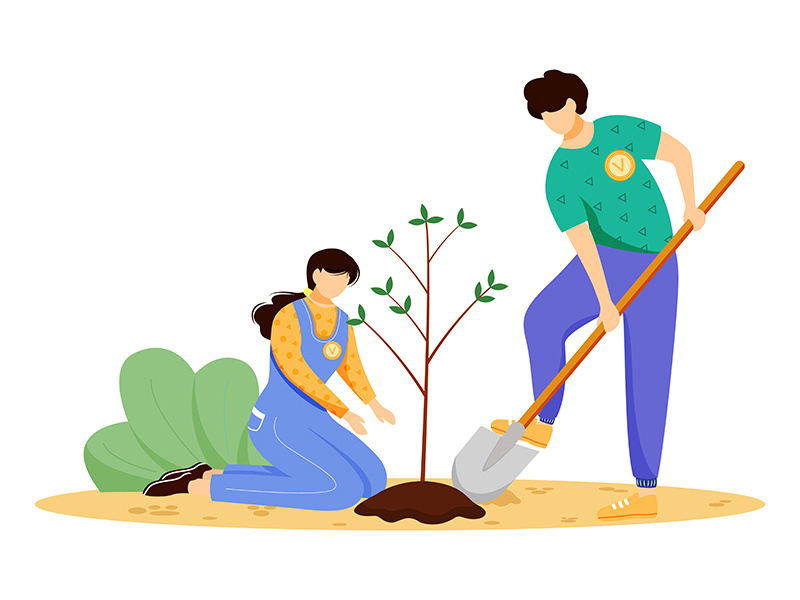 Volunteers planting tree flat vector illustration