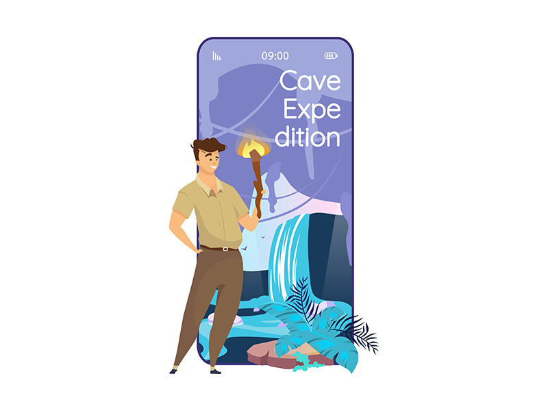 Cave expedition cartoon smartphone vector app screen