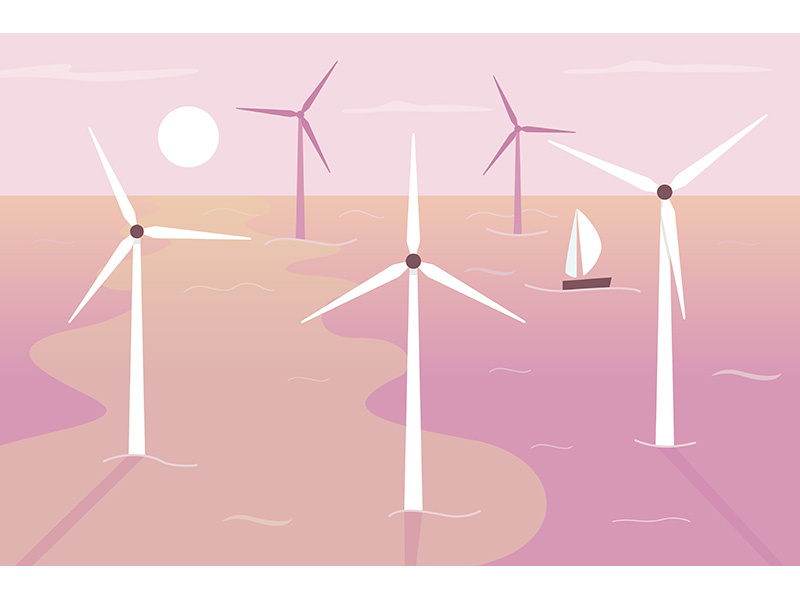 Floating wind turbines flat color vector illustration