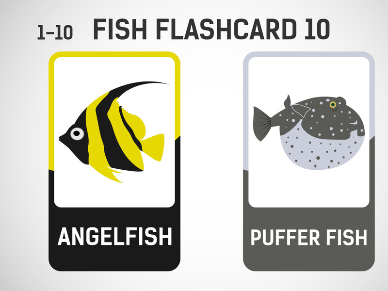 Fish flashcards for kids. Educational cards for preschool. Printable vector illustration