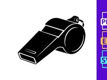 A black and white illustration of a standard referee whistle