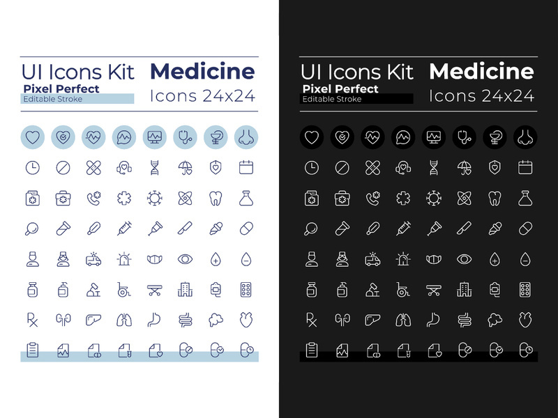 Medicine pixel perfect linear ui icons set for dark, light mode