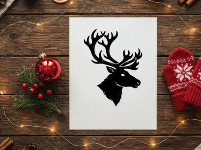 Black silhouette of a deer head with large antlers isolated on a white background.