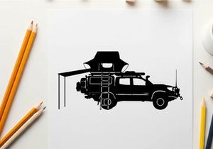 Silhouette of a car with rooftop tent and awning
