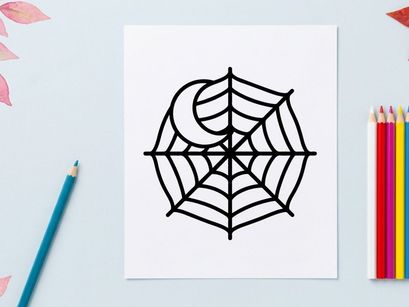 Hand-drawn Halloween spider web with spider illustration. Vintage black and white creepy crawly sketch for seasonal decor and crafts.