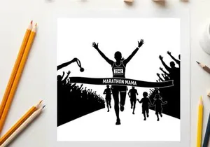 Marathon runner silhouette crossing finish line with cheering crowd silhouette