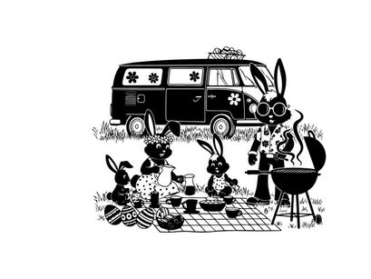Bunnies on a camping trip with silhouette of a van and grill