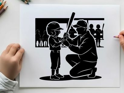 Silhouette of a coach teaching a young baseball player to bat