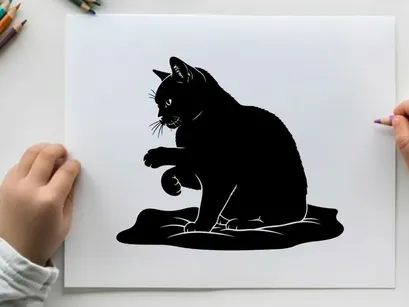 Black cat silhouette sitting on a rug
