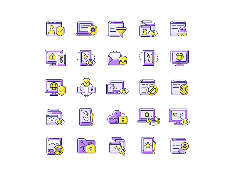 Online surveillance and censorship purple RGB color icons set
