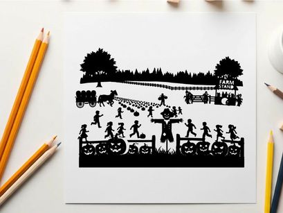 Halloween silhouette of children playing in a pumpkin patch