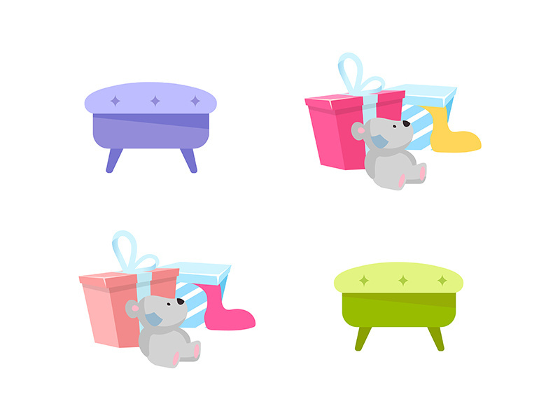 Gift boxes and footstools flat color vector objects set