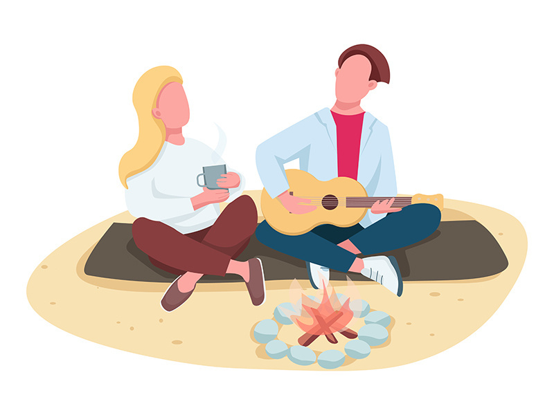 Couple picnic on beach flat color vector faceless characters