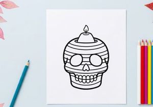 Hand-drawn sugar skull with lit candle for Day of the Dead celebration. Cartoon-style calavera face illustration for Halloween and festive decor.