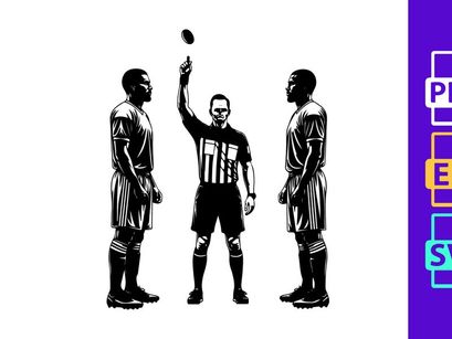 Referee conducting coin toss between two soccer players