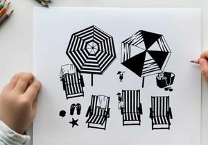 Beach scene with striped umbrella and silhouette beach chairs