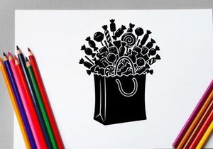 Black and white silhouette of a shopping bag filled with candies and sweets