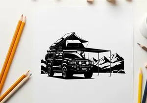 Silhouette of a car with a roof tent and awning in a mountainous landscape