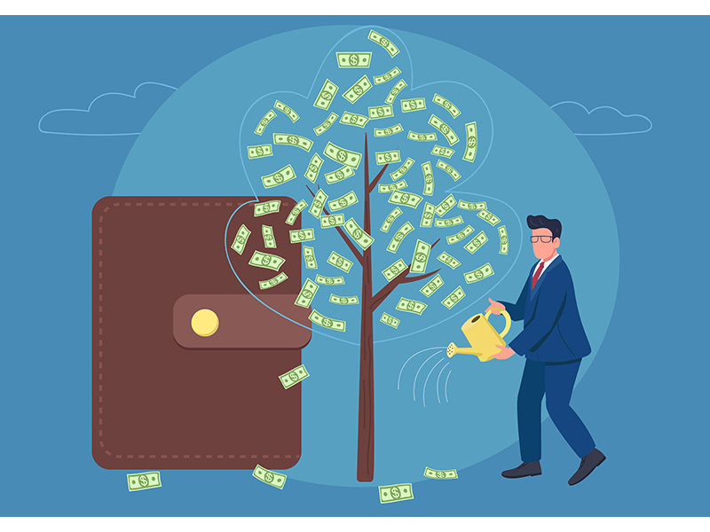 Businessman watering money tree flat concept vector illustration