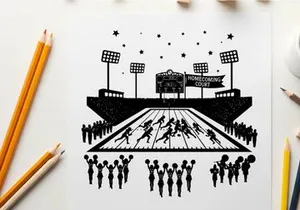 American football stadium silhouette with cheerleaders and players