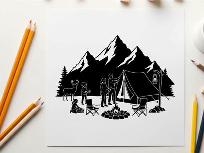Camping silhouette scene with people and tent in mountains