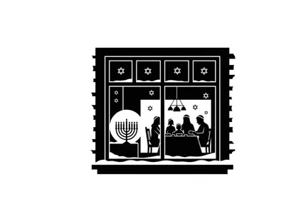 Silhouette of jewish family celebrating hanukkah in a traditional home with menorah silhouette