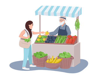 Veggies and fruits seller and buyer flat color vector faceless characters preview picture