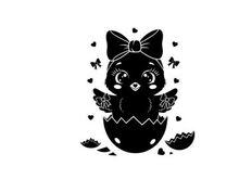 Silhouette of a cute chick emerging from an egg with bow silhouette