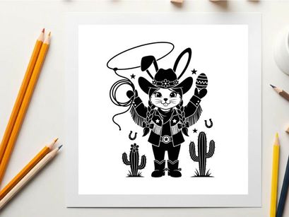 Western bunny silhouette in cowboy hat with lasso and cacti