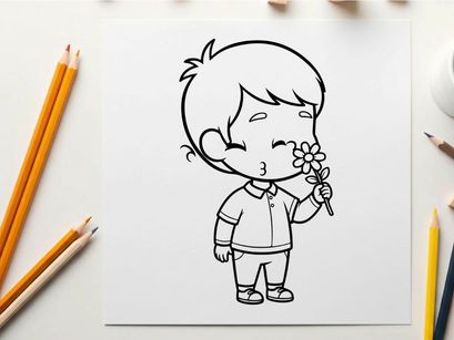 Sad boy holding flower vector illustration flat design