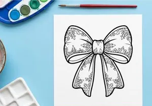 Hand-drawn white Christmas bow with gold center isolated on transparent background for holiday decor