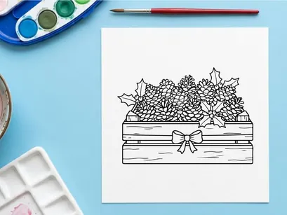 Ilustración de caja de regalo navideña dibujada a mano con flores de poinsetia blancas y lazo azul