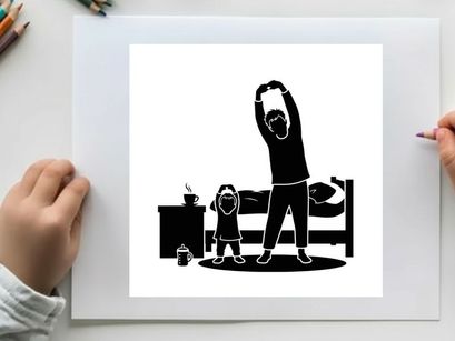 Silhouette of a man and child stretching together at home