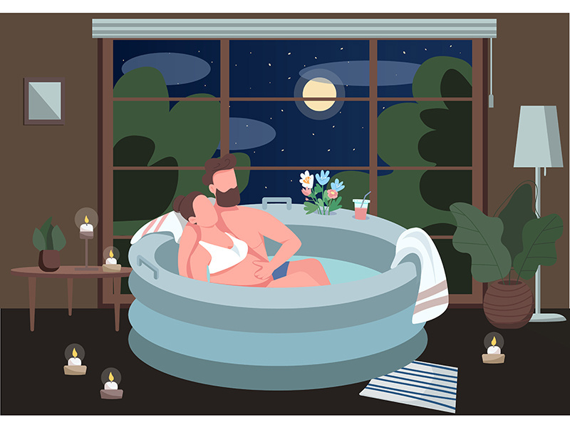 Expecting couple in tub flat color vector illustration
